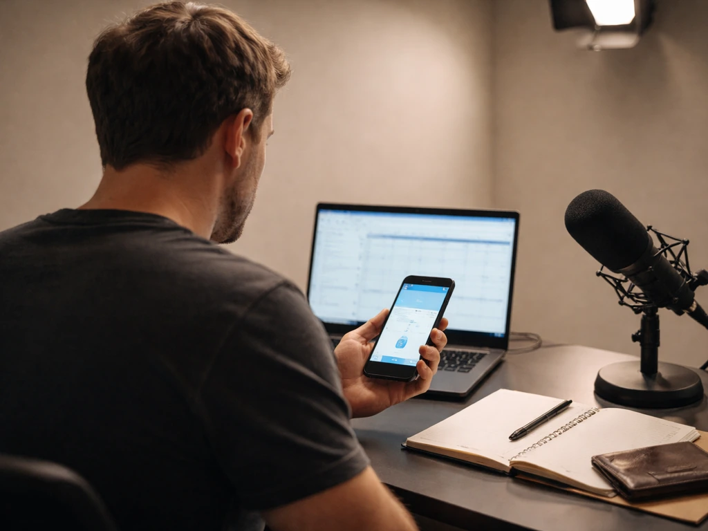 Man in a TV studio checking financial records on a laptop with a microphone nearby
