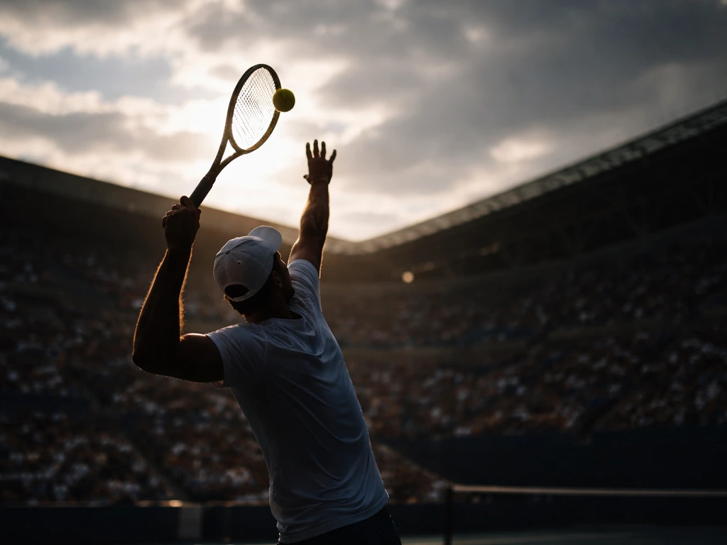 Candid tennis serve moment on a prestigious court, ball mid-air, stadium softly blurred behind