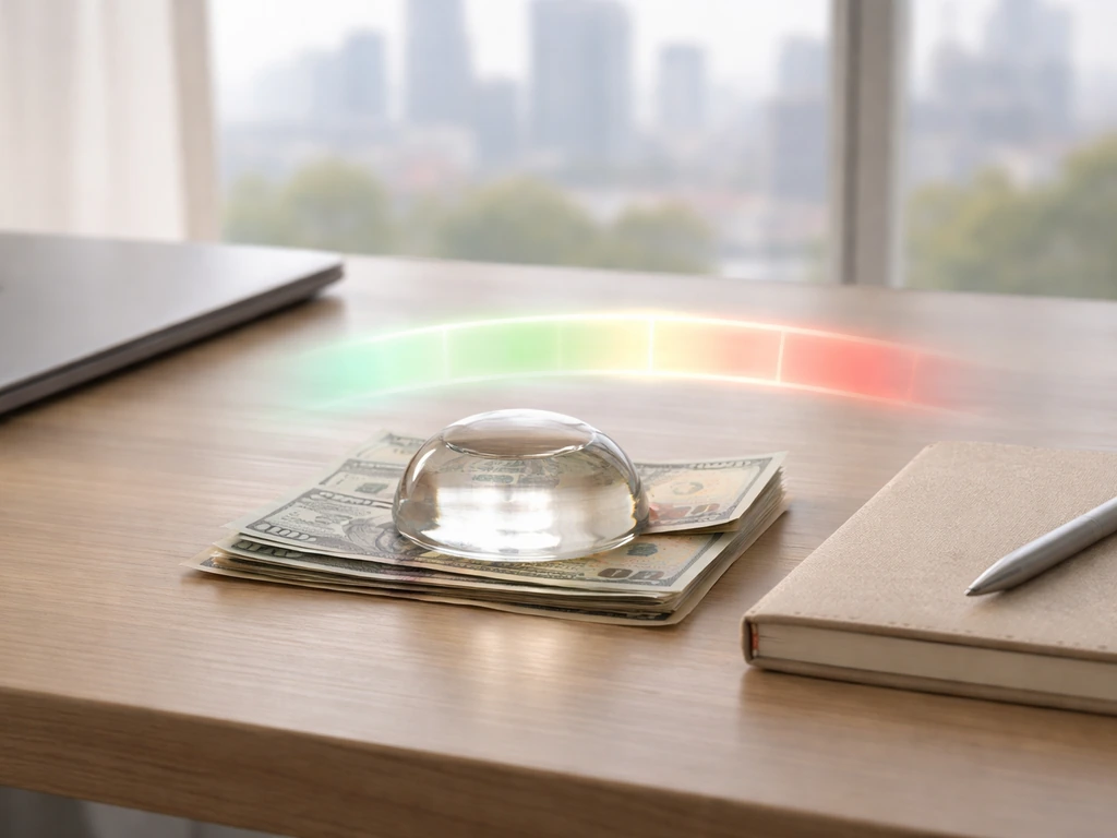 Minimal finance-themed desk scene with a valuation range concept shown symbolically, no text.