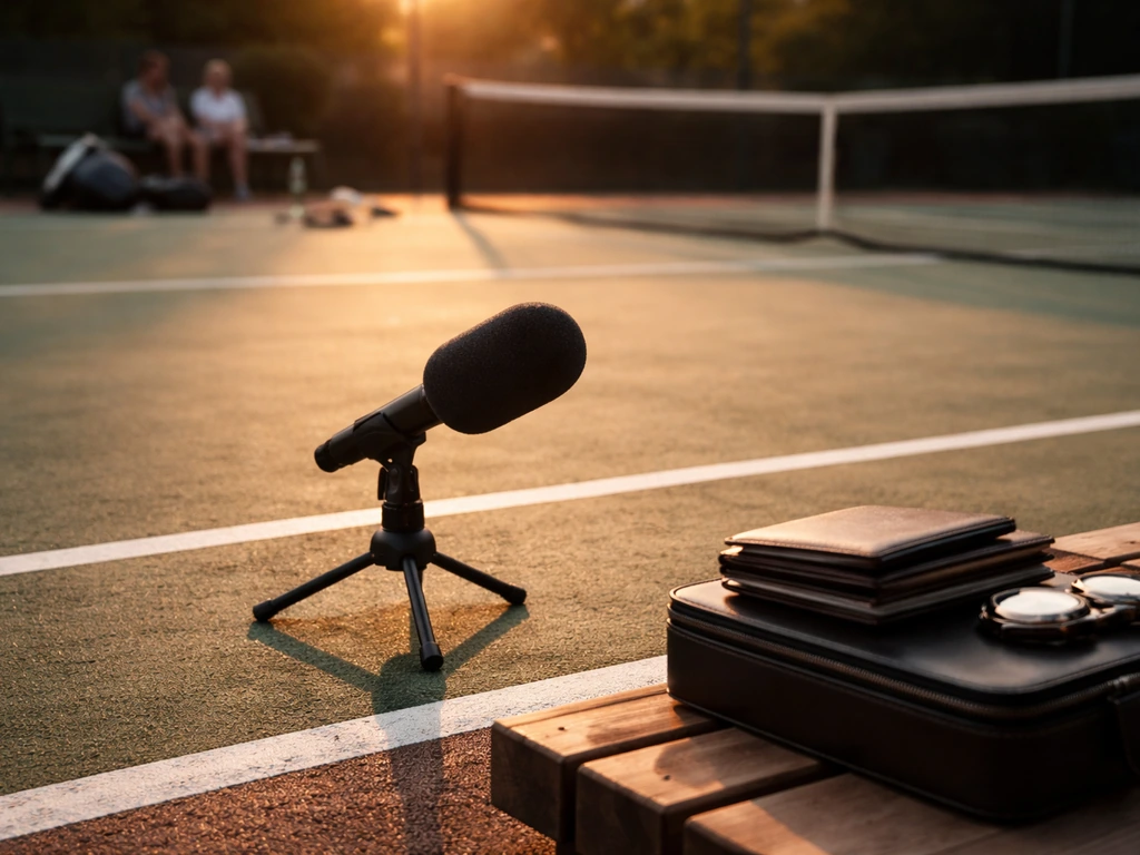 Tennis court scene with a broadcast microphone and luxury money cues, suggesting top earners comparison.