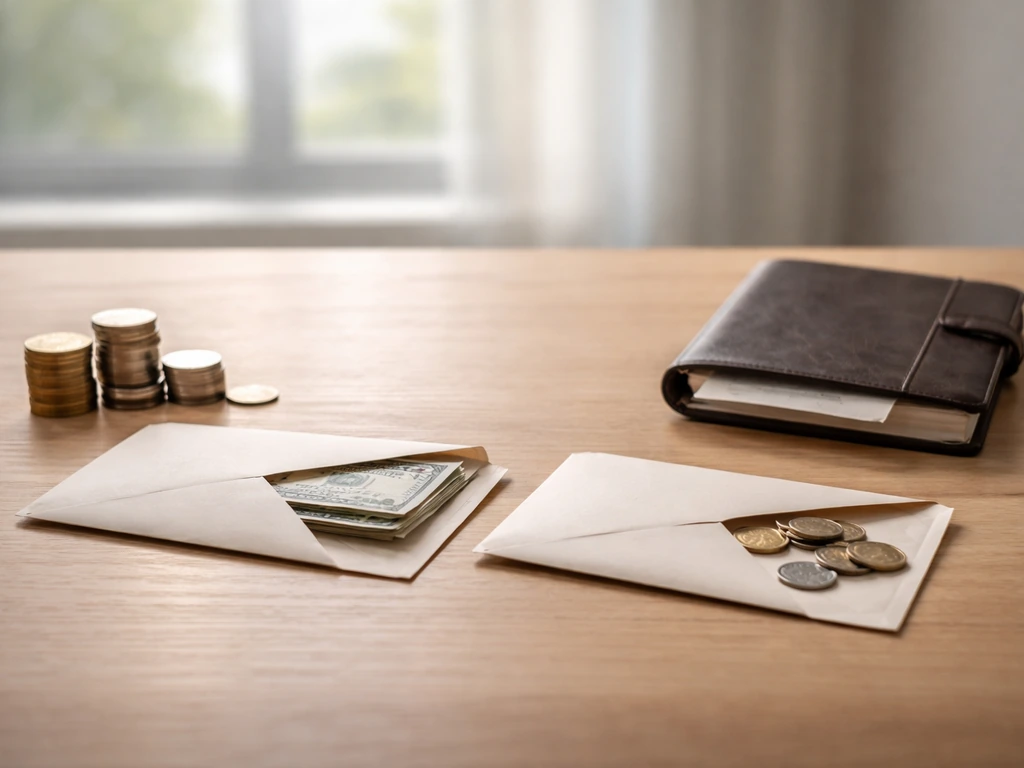 Minimal desk scene with scattered coins and a closed notebook symbolizing assets minus liabilities