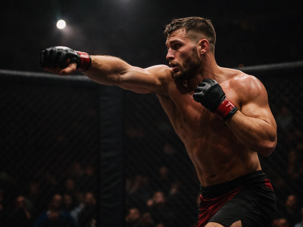 MMA fighter landing a punch at night in a dim arena, gloves and shorts visible, intense action