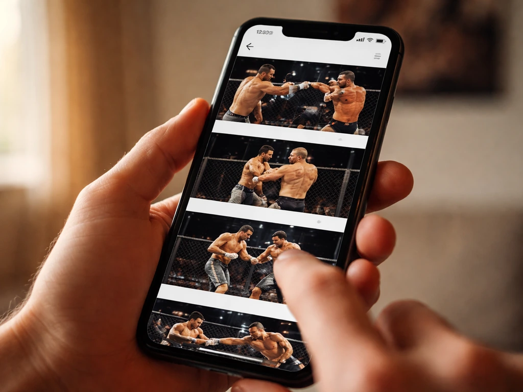 Close-up of a hand holding a smartphone with a social media feed showing generic MMA posts.