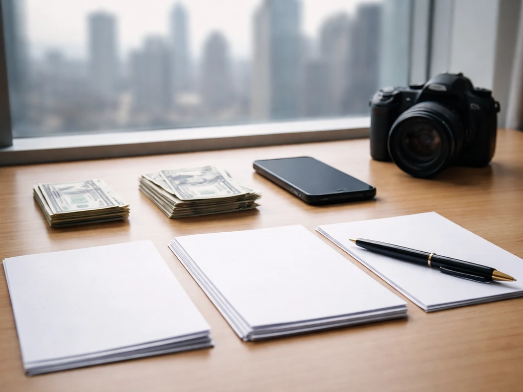 Anonymous desk scene with cash, phone, and documents suggesting earnings changes over a career timeline.