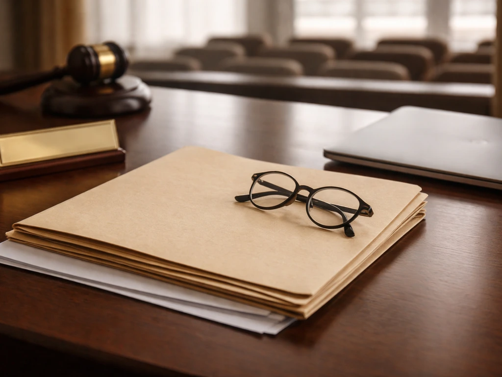 Close-up of a law office desk with an unmarked folder, glasses, and softly blurred courtroom background.