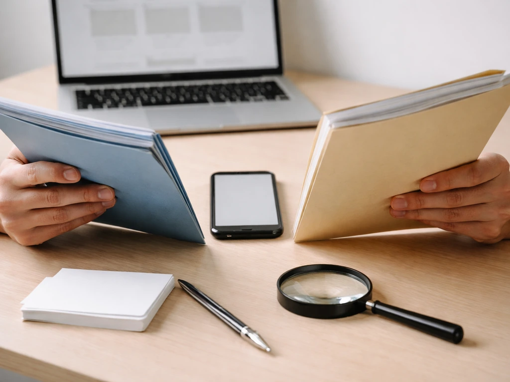 Hands on a desk with smartphone, magnifying glass, and blank notes suggesting verifying and updating an estimate.
