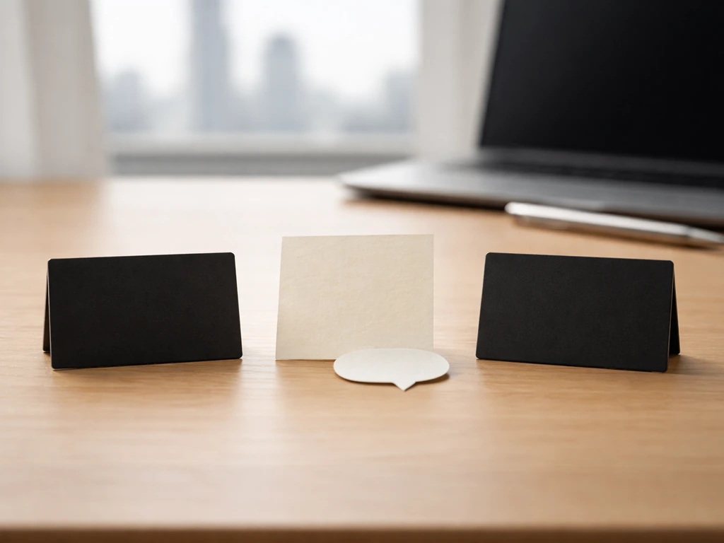 Minimal desk scene with blank cards and a speech-bubble note symbolizing a net worth range concept.