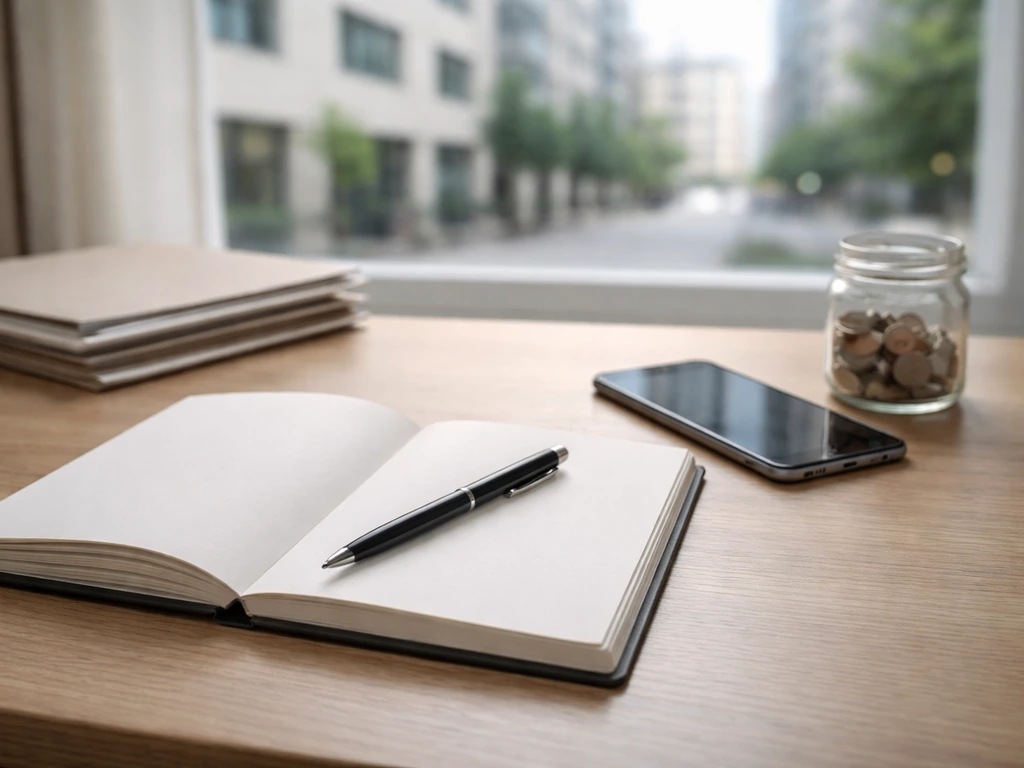 Minimal desk scene with blank notebook, pen, coins, and blurred city buildings suggesting career wealth shifts.