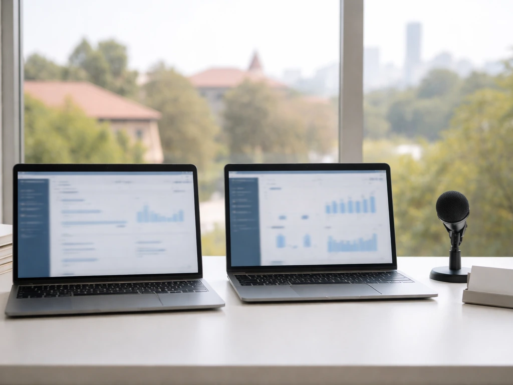 Minimal desk scene with two laptops, microphone, and blurred tech/academic cues suggesting the right identity.