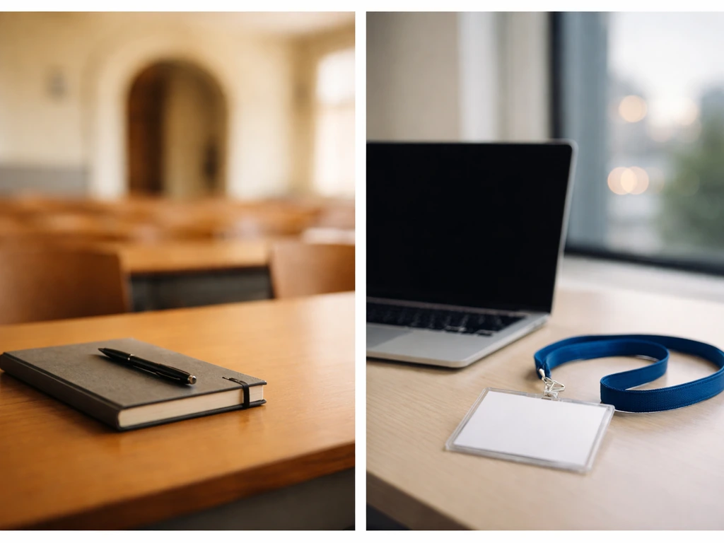 Minimal collage of a quiet university lecture hall desk and a tech office setting with a badge-like lanyard