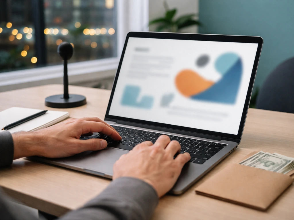 Minimal startup office desk scene with an open laptop and blurred pitch-deck visuals suggesting VC funding.