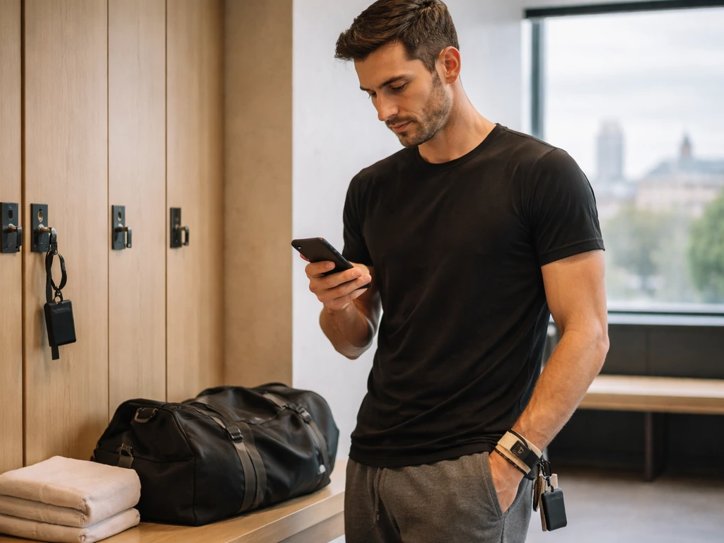 Anonymous man in a Stockholm gym lobby checking his phone near lockers and a gym bag, daylight through windows.