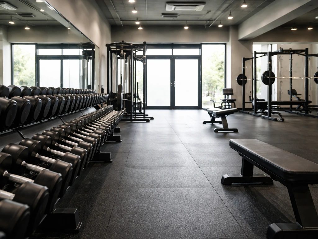 Empty gym interior with free weights and cable machine, natural light through windows.