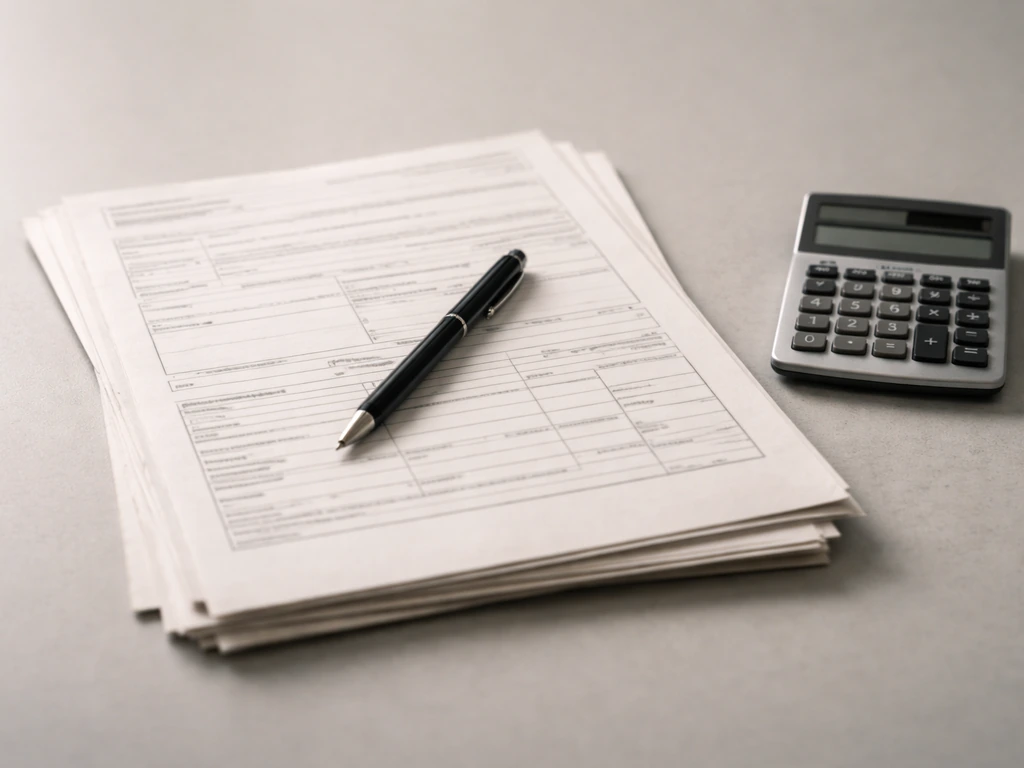 Close-up of Swedish corporate registry-style documents with a pen and calculator on a desk