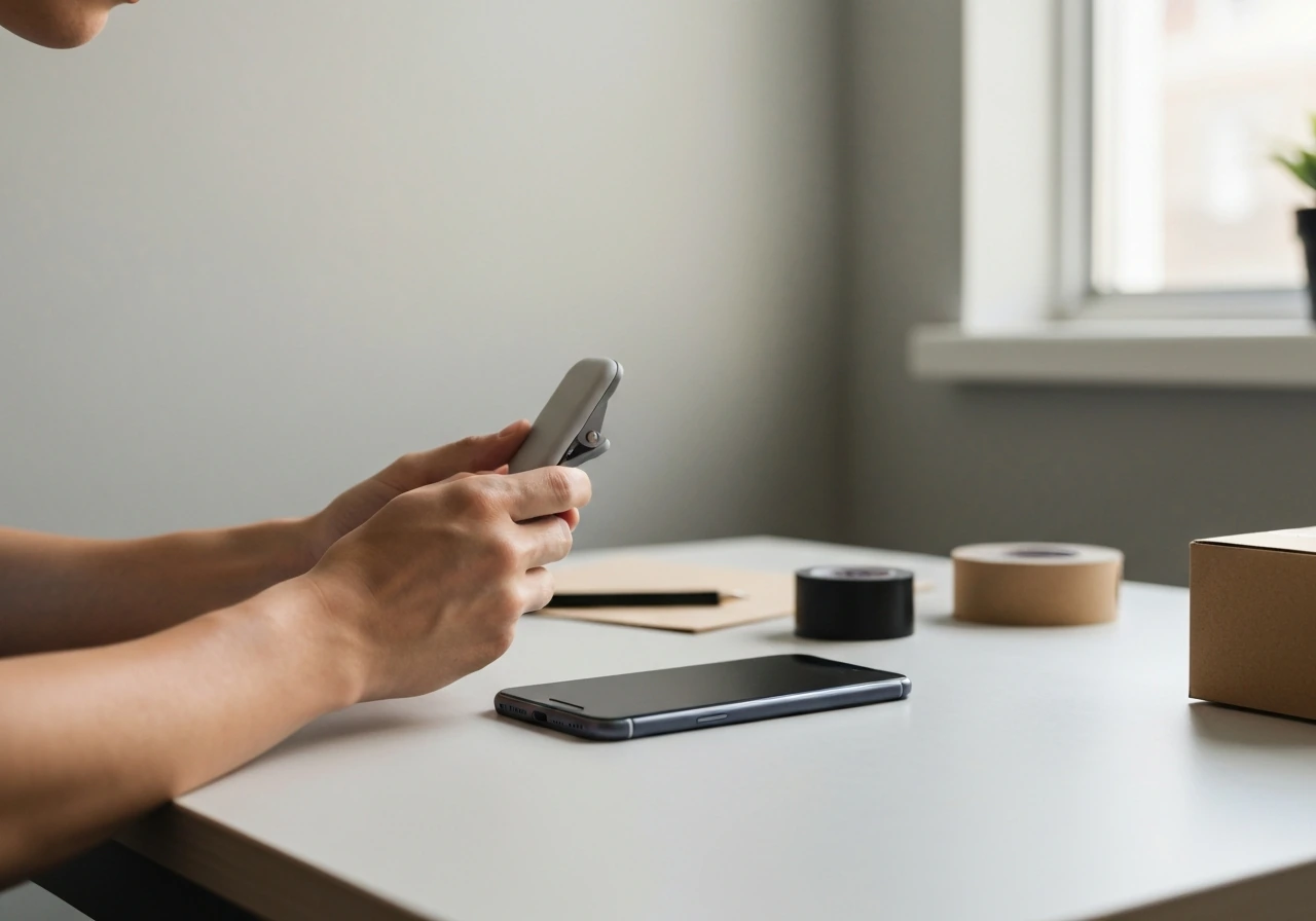 Close-up of a minimalist desk setup with an anonymous creator holding small audio-clip device, hinting at a Kickstarter.