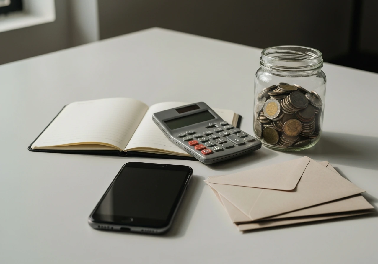 Minimal desk scene with calculator, blank notebook, coins in a jar, and envelopes for estimating money figures.