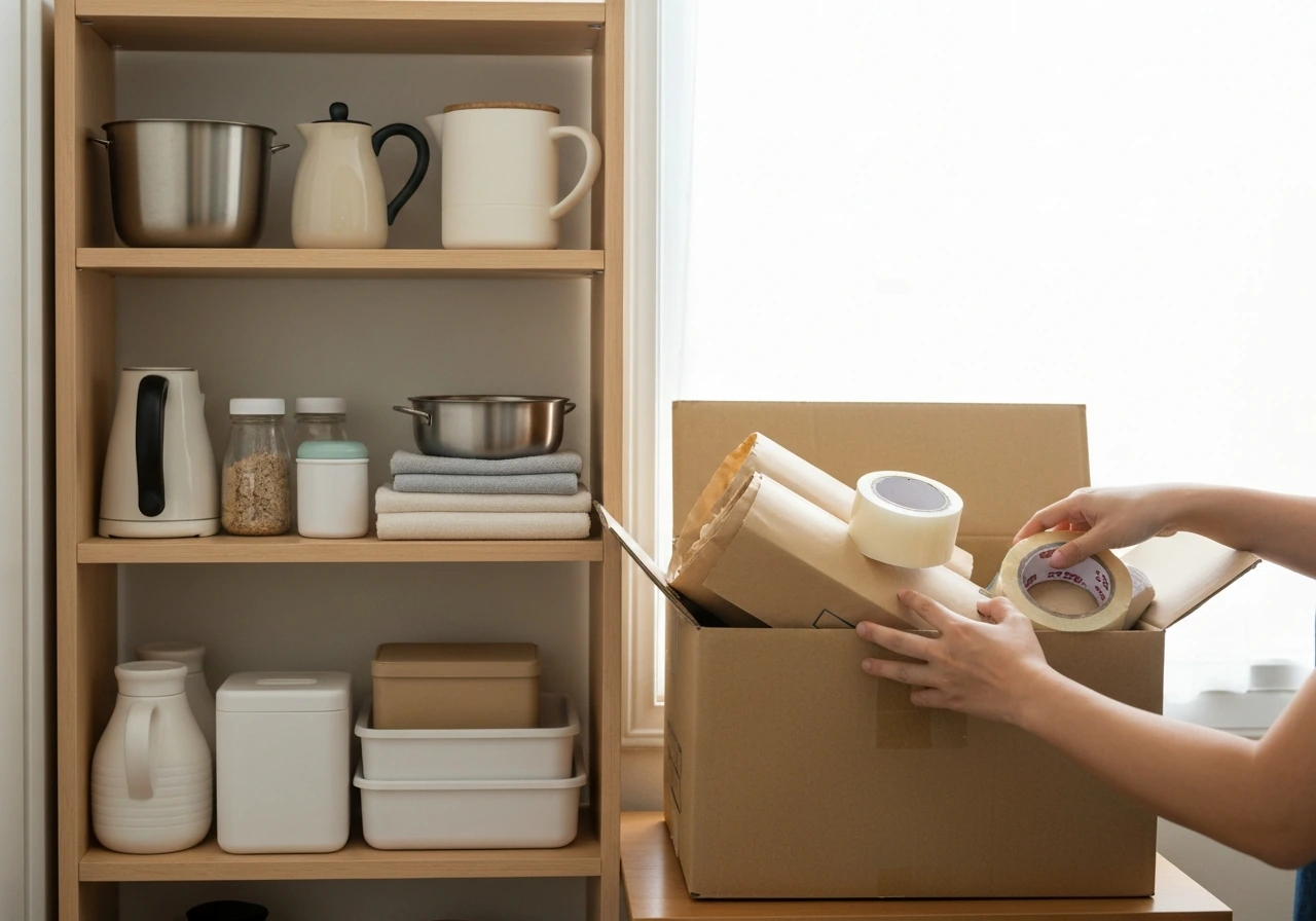 Close view of a modest home storage shelf with neatly stacked household supplies and a plain shipping box