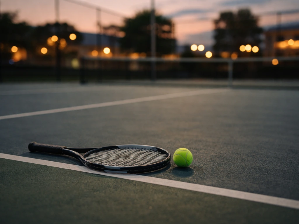 Empty tennis court with a racket and tennis ball near the baseline at dusk.
