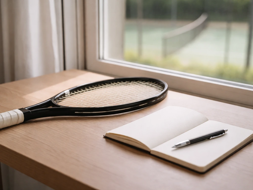 Tennis-themed desk scene with a tennis racquet and notebook, hinting at sports disambiguation.