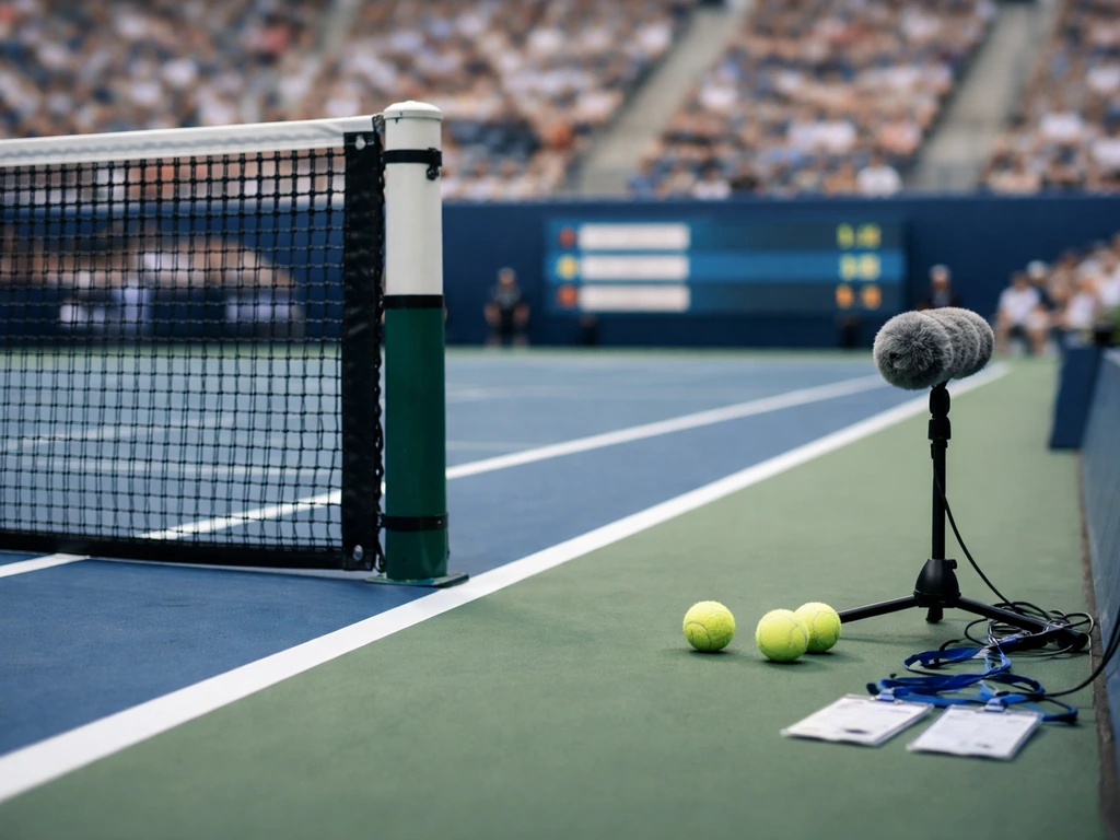 Match-day tennis court scene with sideline media gear and a blurred scoreboard, no identifiable player.