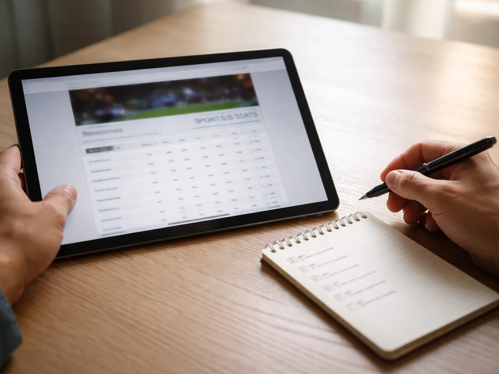 Person reviewing an online sports stats page on a tablet with a simple checklist on a notepad.