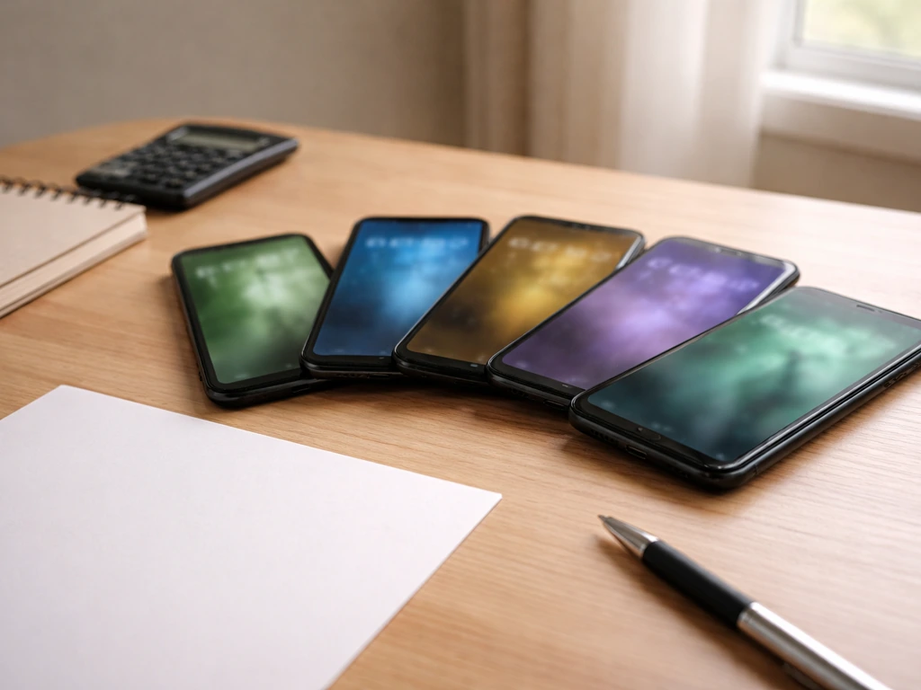 Minimal desk scene with multiple blurred phone screens suggesting different net worth estimates.