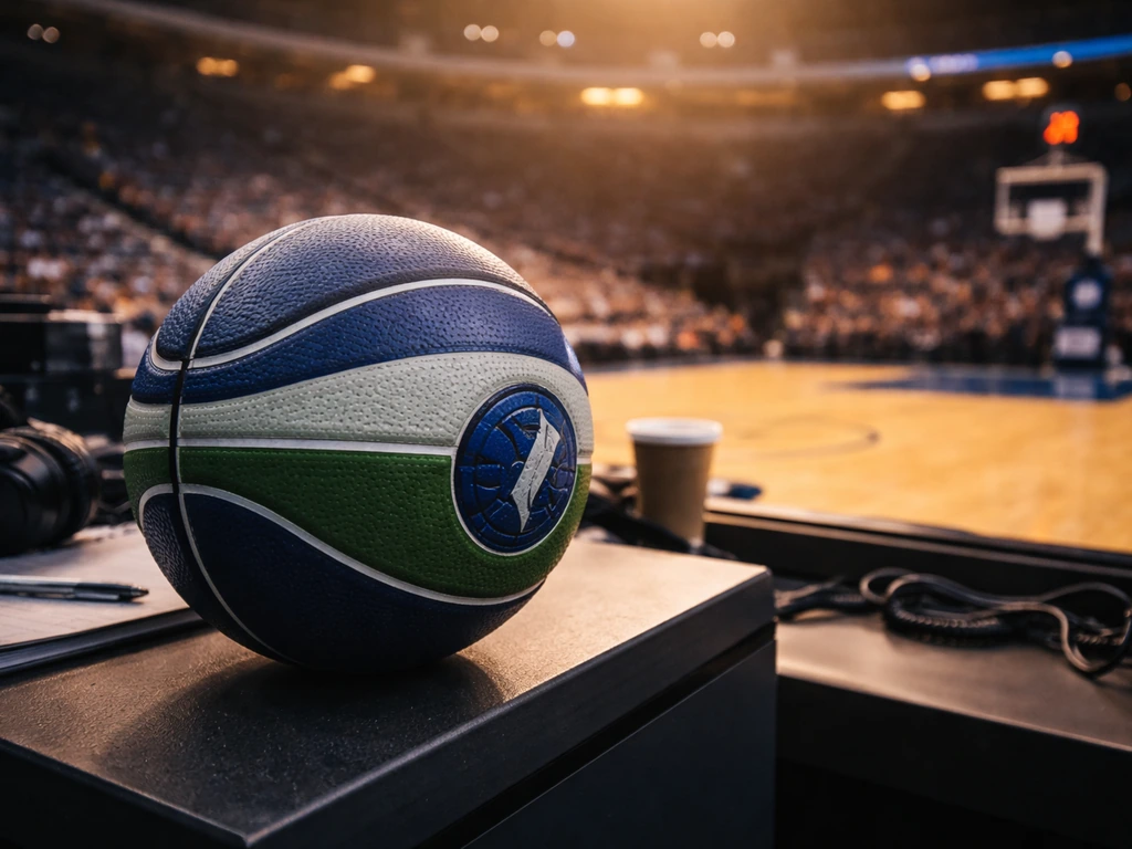Timberwolves-themed basketball on a desk with a blurred indoor arena background, no people visible.