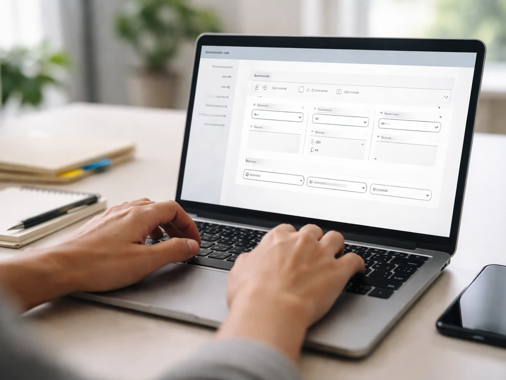 Hands verify an estimate on a laptop with a generic wealth-database interface in a bright office.
