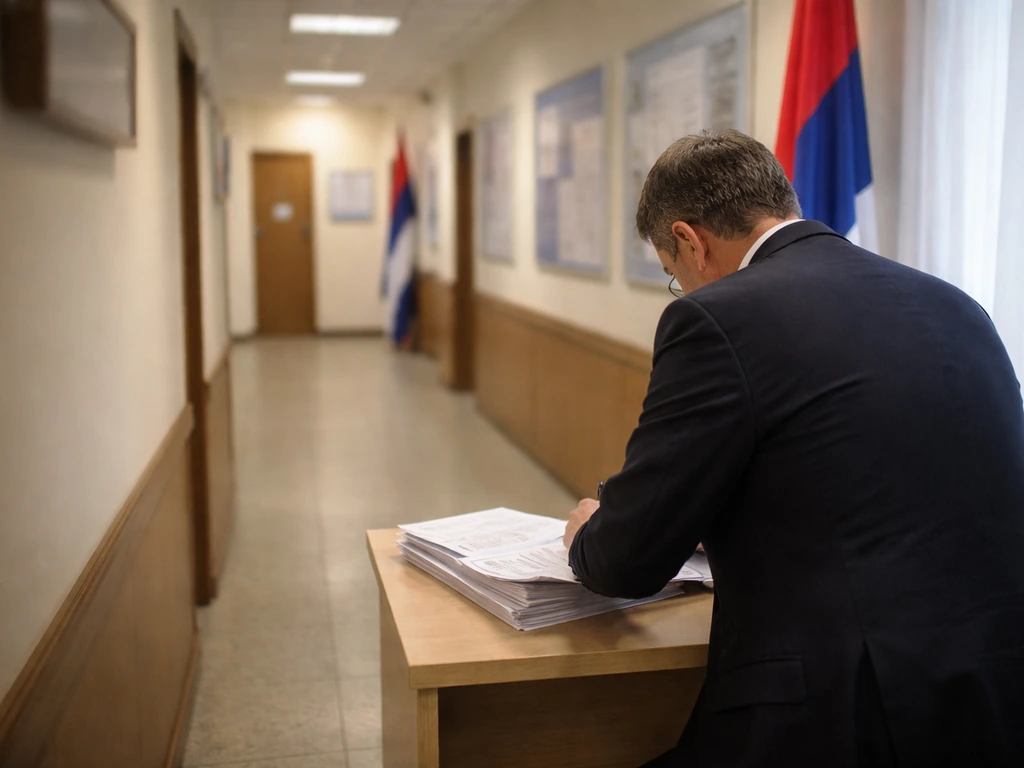 Anonymous man in a dark suit signing papers in a government office hallway with blurred decor.