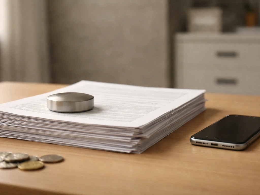 Close-up of neatly stacked paper records and a smartphone on a desk, suggesting public filings research.