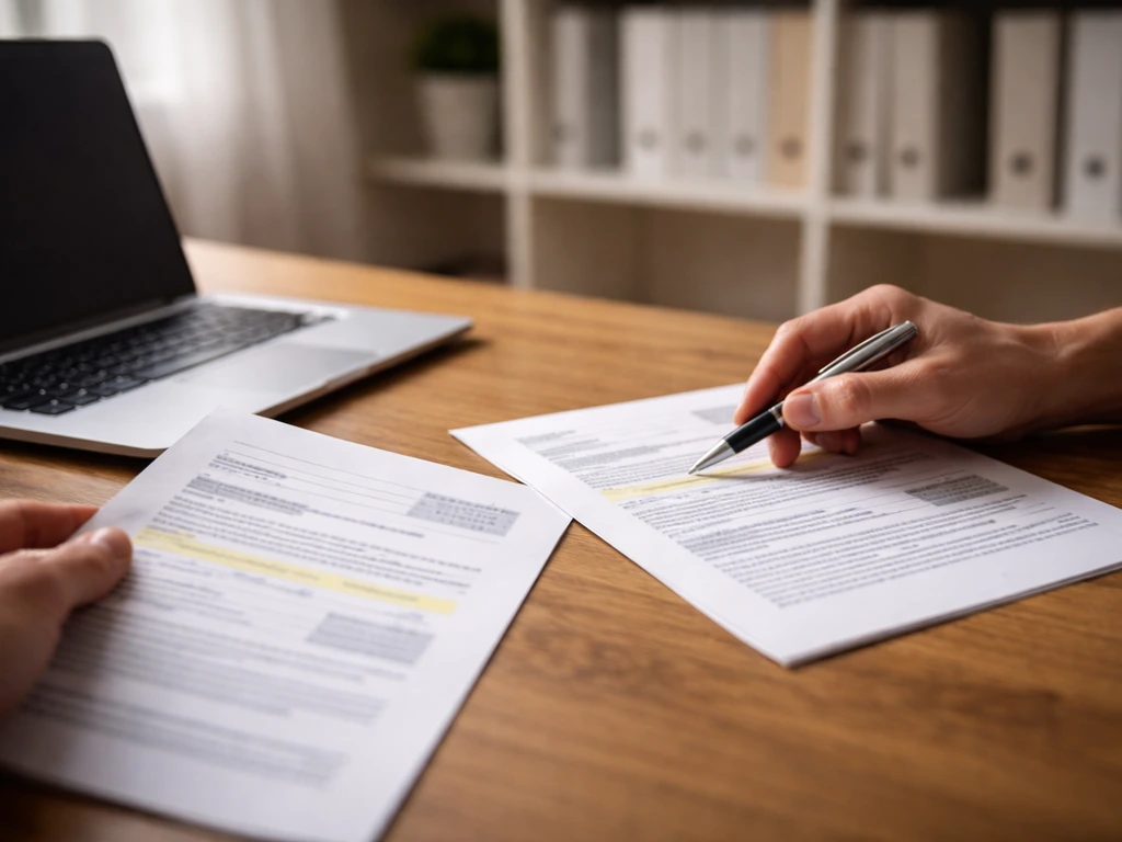Person in a quiet home office comparing official-looking documents beside a laptop and pen