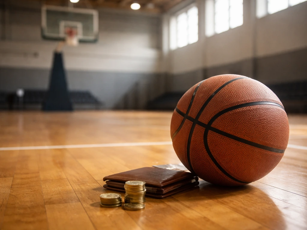 Anonymous basketball arena scene with a focus on wealth and media symbolism