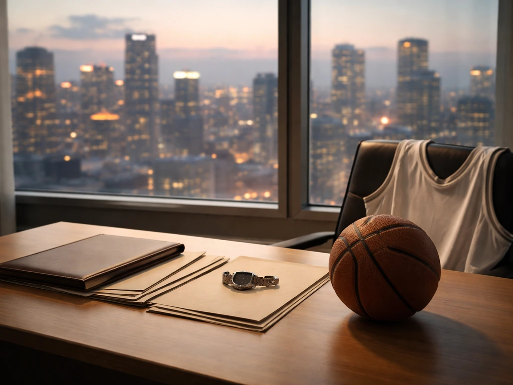 Minimal photo of an executive desk with basketball memorabilia, contract folders, and a city skyline at dusk