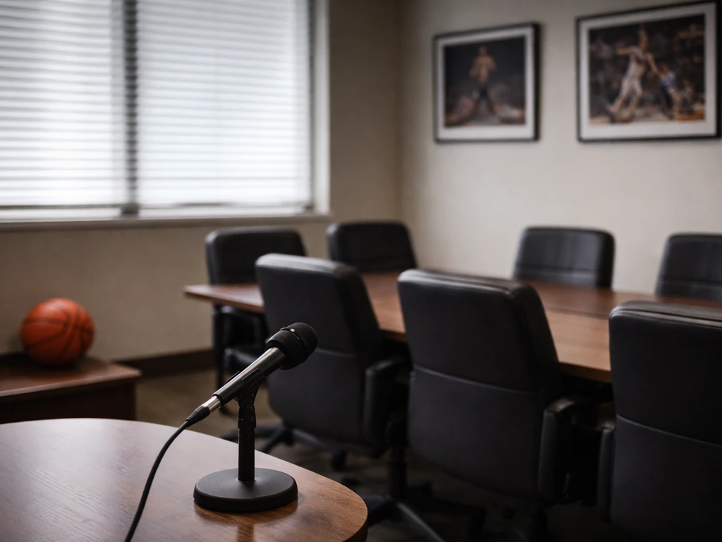 Quiet sports federation office with a basketball and microphone, symbolizing governance and media work.