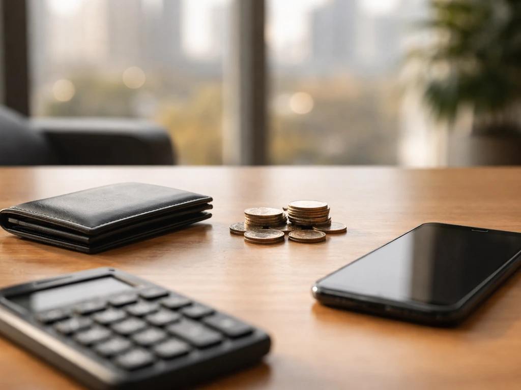 Minimal desk scene with a calculator and wallet beside a smartphone, symbolizing comparing basketball financial profiles