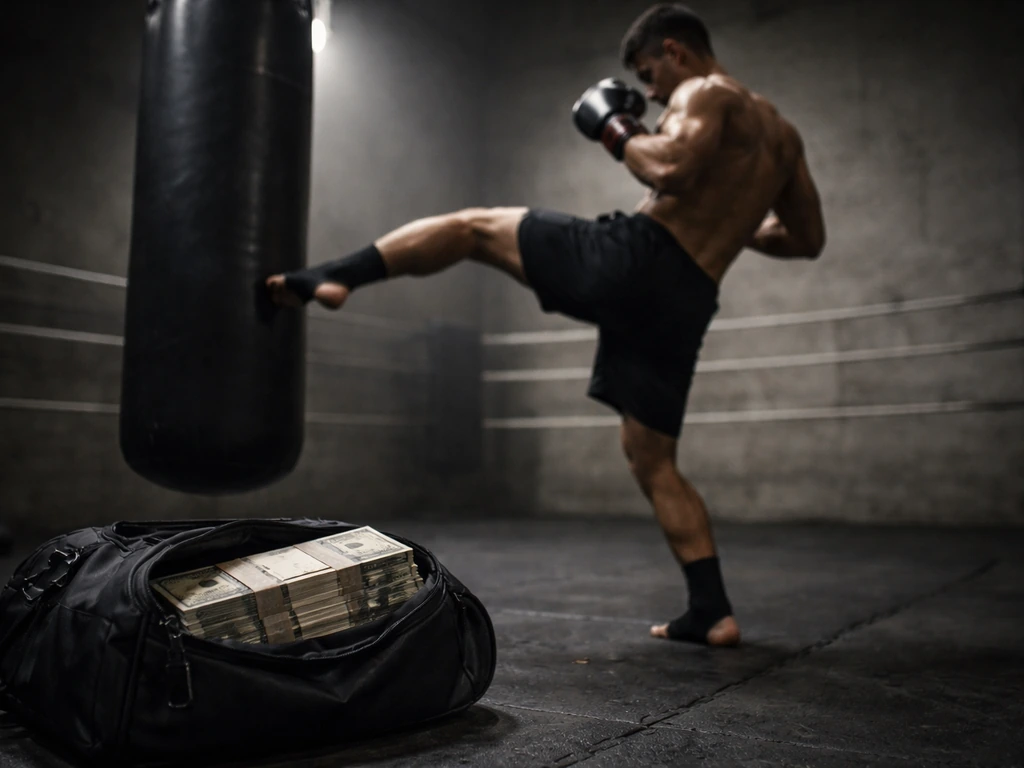 Anonymous MMA training moment with a duffel bag and bundled cash-like paper in a simple gym setting.