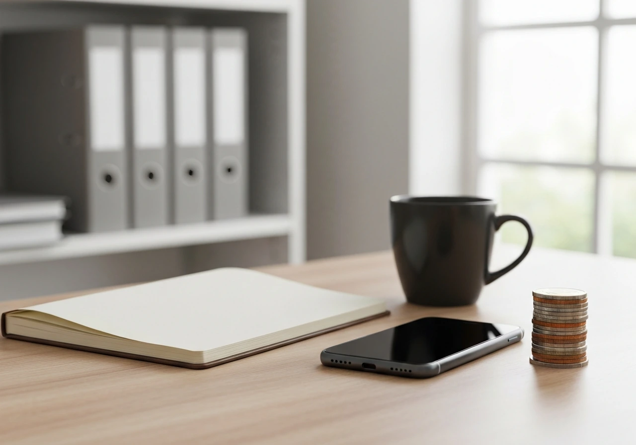 Minimal desk scene with a notepad and phone showing uncertain money figures, symbolizing cited estimates.