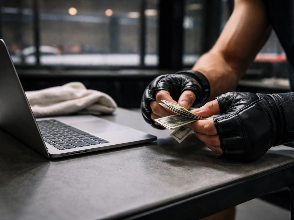 MMA fighter’s gloved hands holding cash receipts near a laptop, with empty arena seats in soft background
