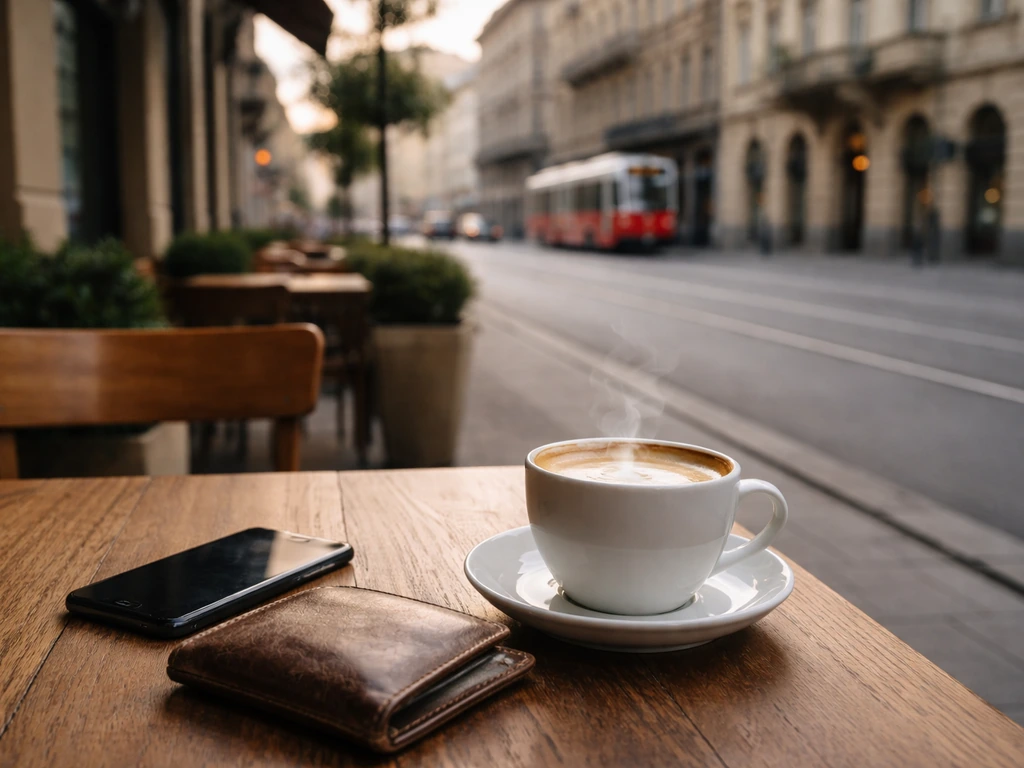 Belgrade cafe table with cappuccino, smartphone, and wallet, blurred street background suggesting everyday finances