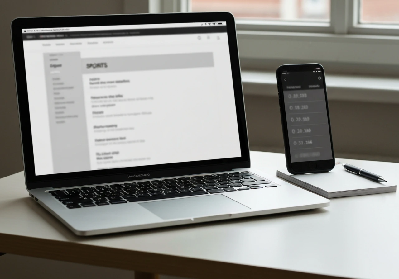 Laptop and phone on a desk with blurred sports-history pages, suggesting verification and avoiding bad info.