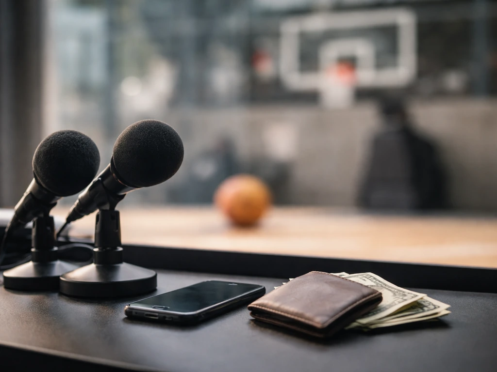 Anonymous media desk with microphones and cash, with a softly blurred indoor basketball 3x3 court background.