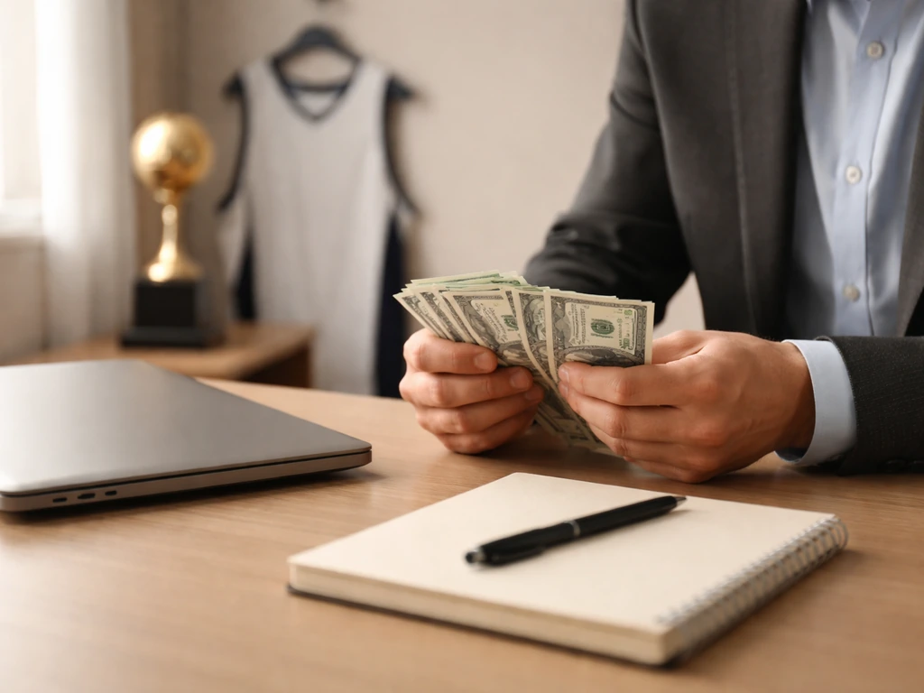 Anonymous hands counting cash on a desk near a laptop, with a trophy and jersey blurred in the background.