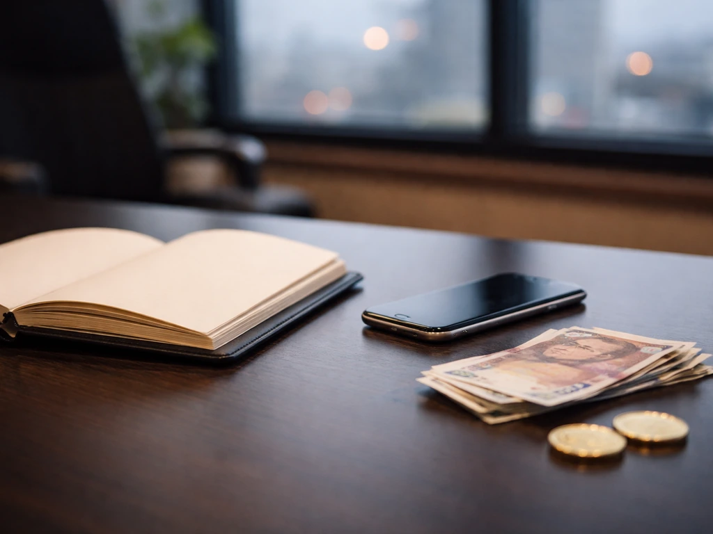 Minimal office desk with a smartphone, cash, and a notebook suggesting wealth comparison