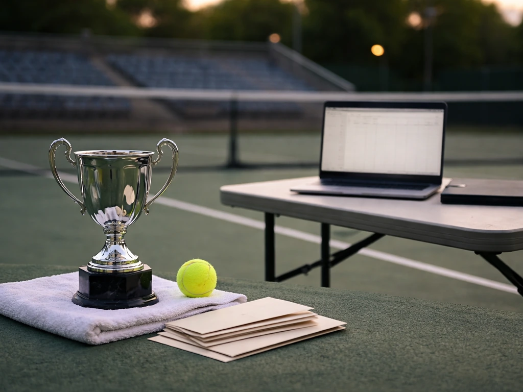 Tennis trophy and ball beside an open laptop on a quiet court, symbolizing prize money and finances.