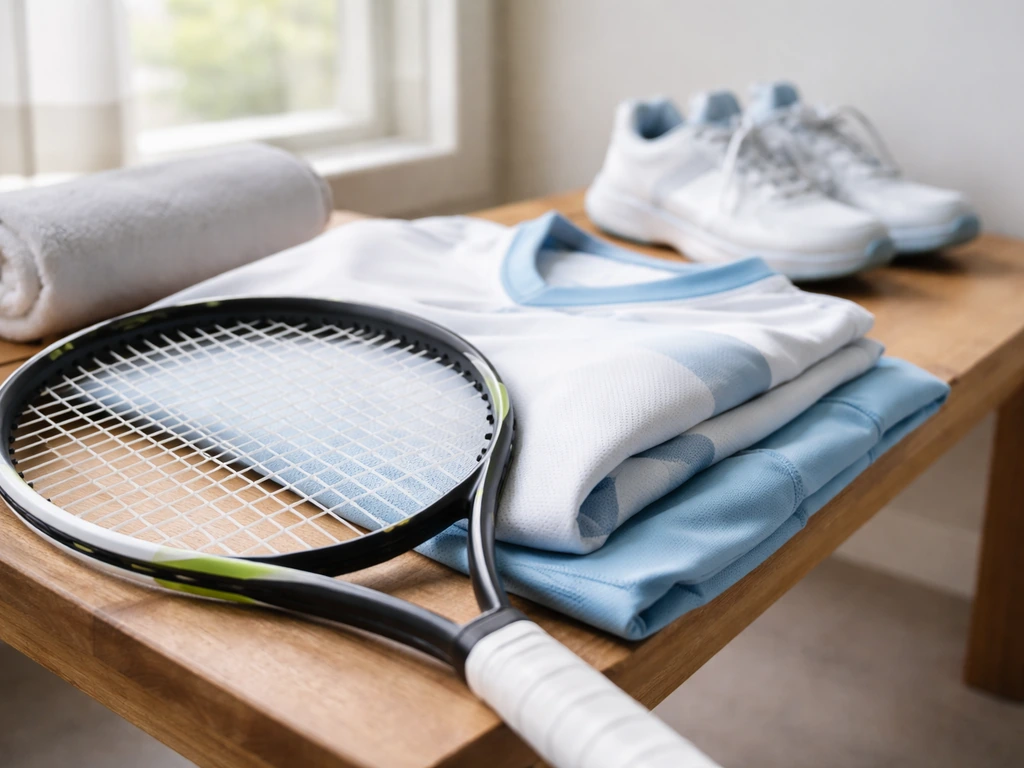 Close-up of a tennis racket and branded-looking apparel on a simple bench in soft natural light