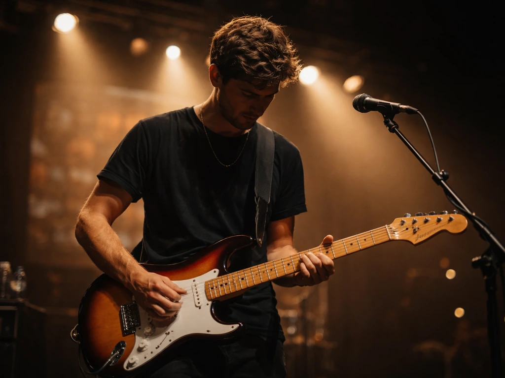 Anonymous guitarist performing on a dim arena stage with warm spotlights and a blurred venue backdrop