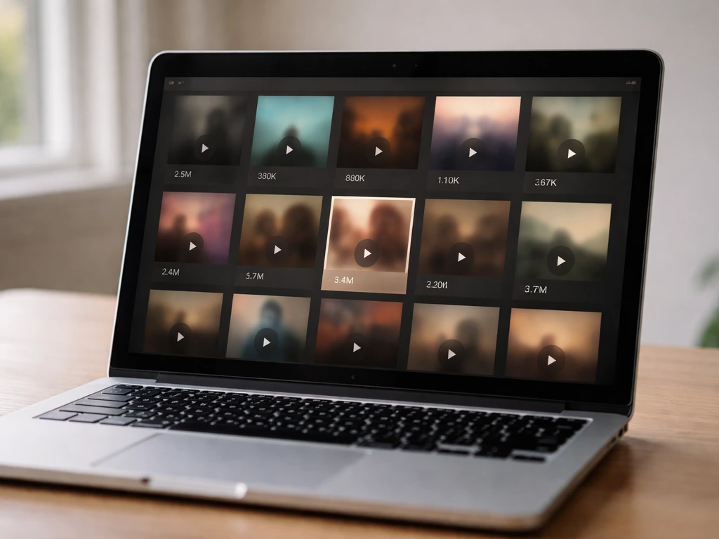 Close-up of a laptop screen showing a generic music streaming playlist with play-count style numbers