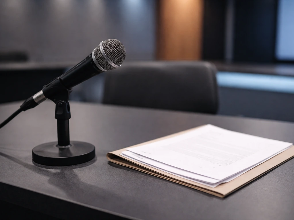 Minimal TV studio scene with a microphone and a small contract-style prop on a desk.