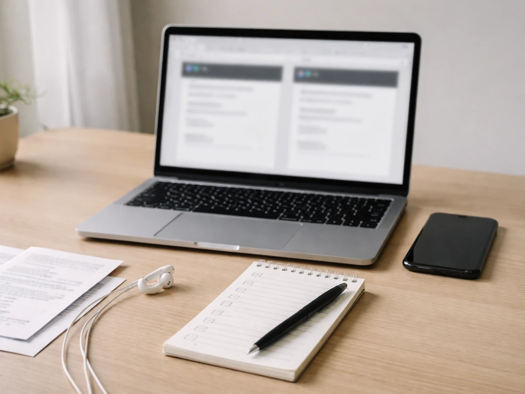 Minimal desk scene with laptop tabs, a blank checklist notepad, and a phone for verifying streaming figures.