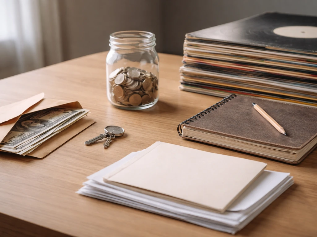 Minimal desk scene showing cash, keys, coins, vinyl records, and unpaid bills symbolizing assets vs liabilities.